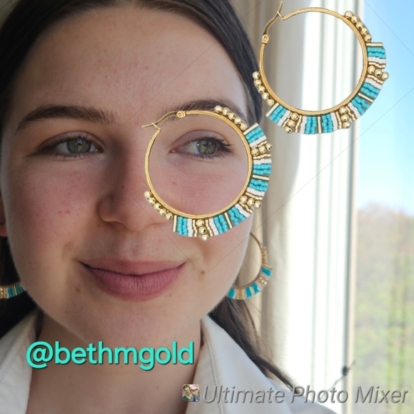 Beaded Hoop Earrings Blue & White Miyuki Rice Beads - Picture 5 of 13